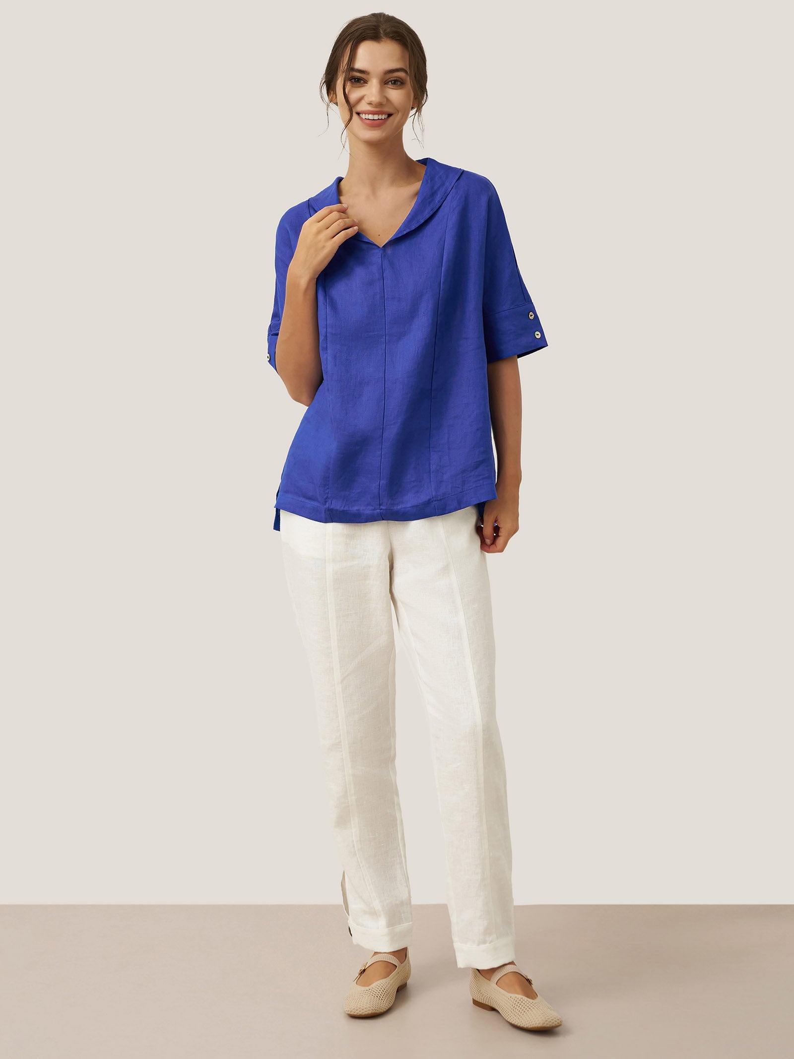 Linen V Neck Short Sleeve Shirt PENNY