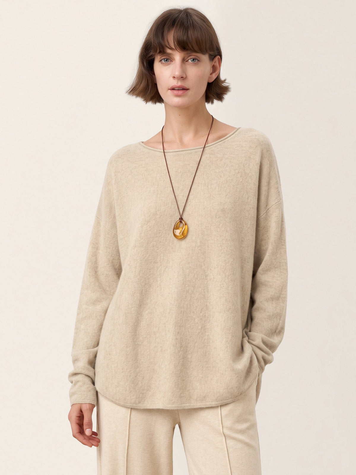 100% Mongolian Cashmere Hand-Finished Rolled Edge Knit Top AMARA