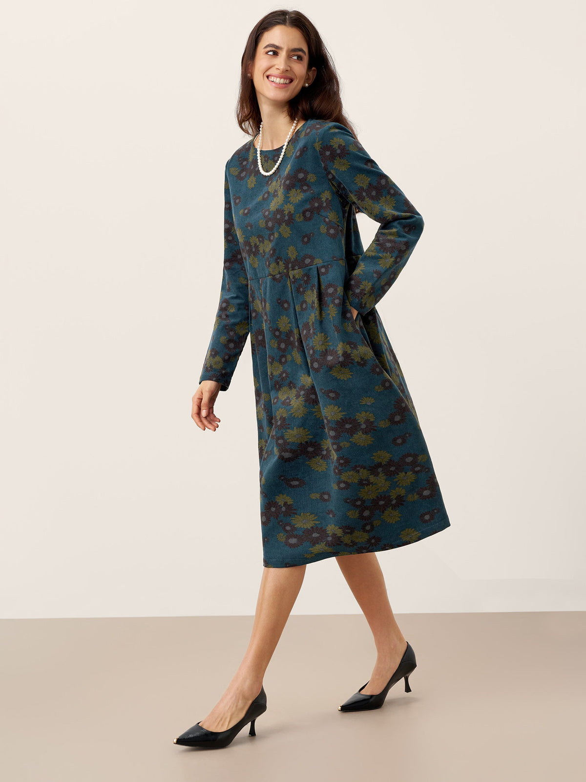 100% Organic Cotton Ruched Print Boat Neck Midi Dress CRESSIDA
