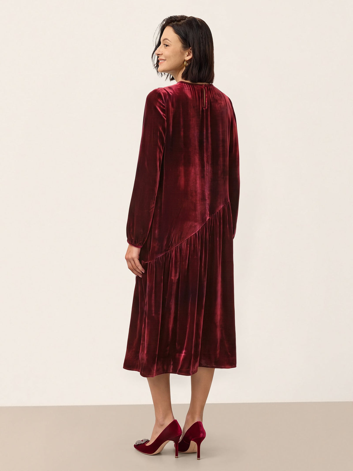 100% Silk Velvet Draped Pleat Relaxed Midi Dress ZELARA