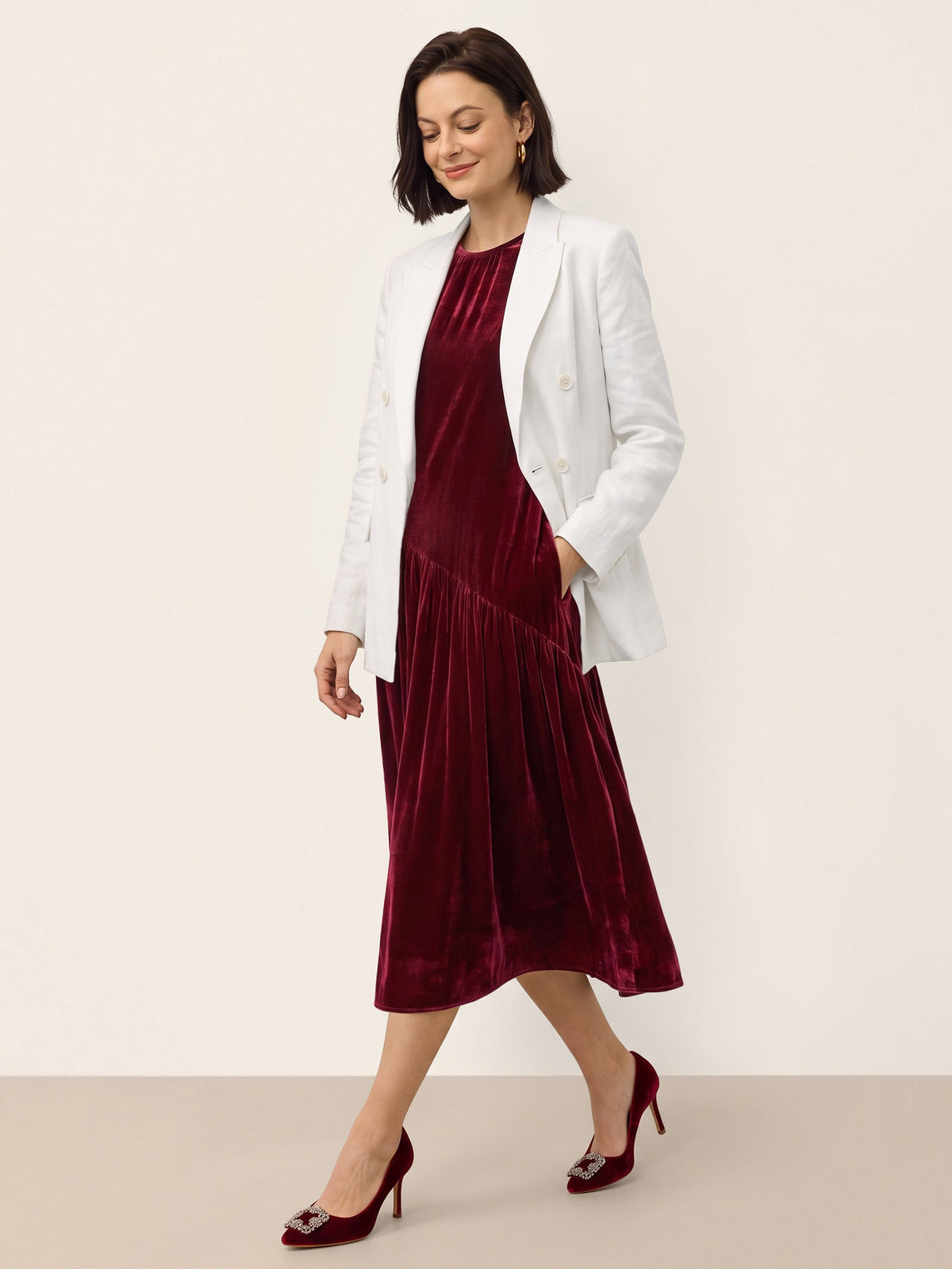 100% Silk Velvet Draped Pleat Relaxed Midi Dress ZELARA
