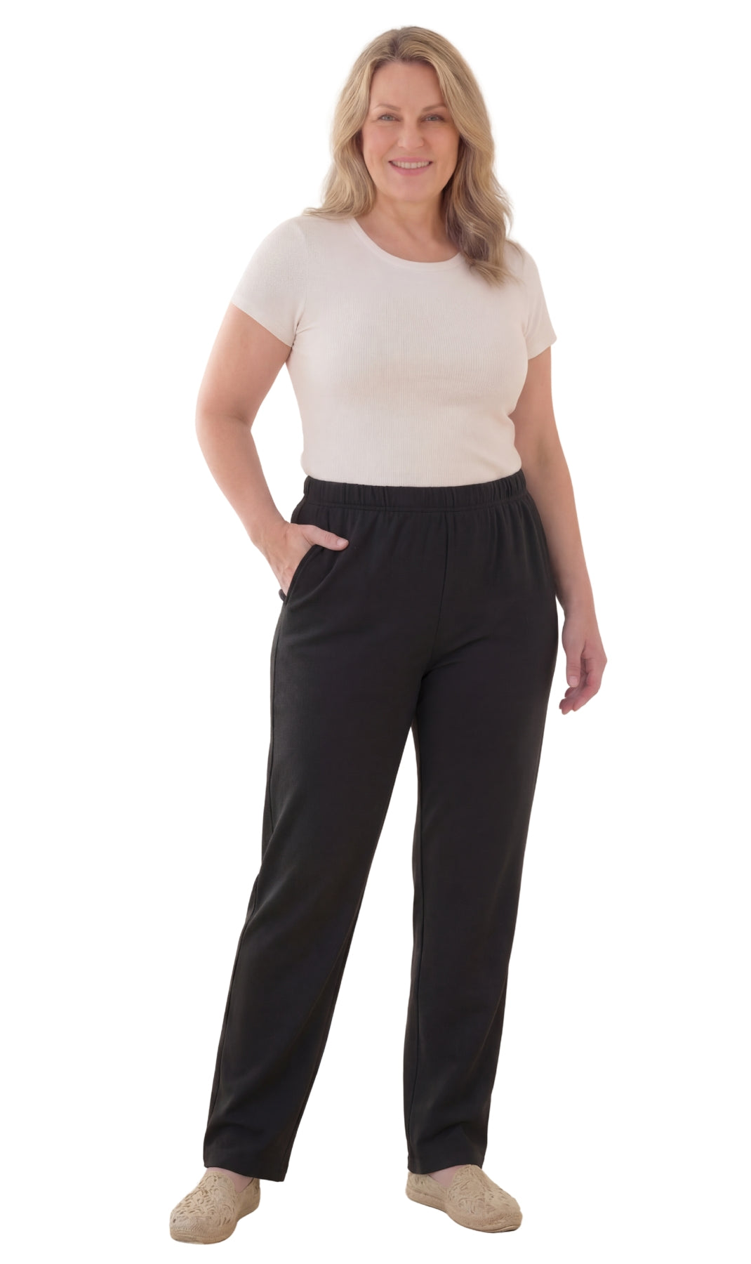 Women's Pull-On Flat Front Knit Pants — Cotton Blend Elastic Waist