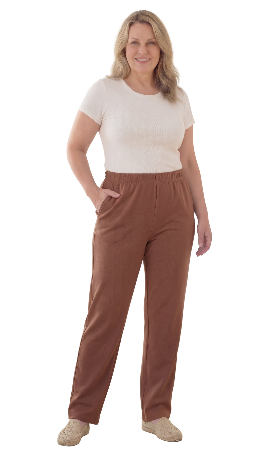 Women's Pull-On Flat Front Knit Pants — Cotton Blend Elastic Waist