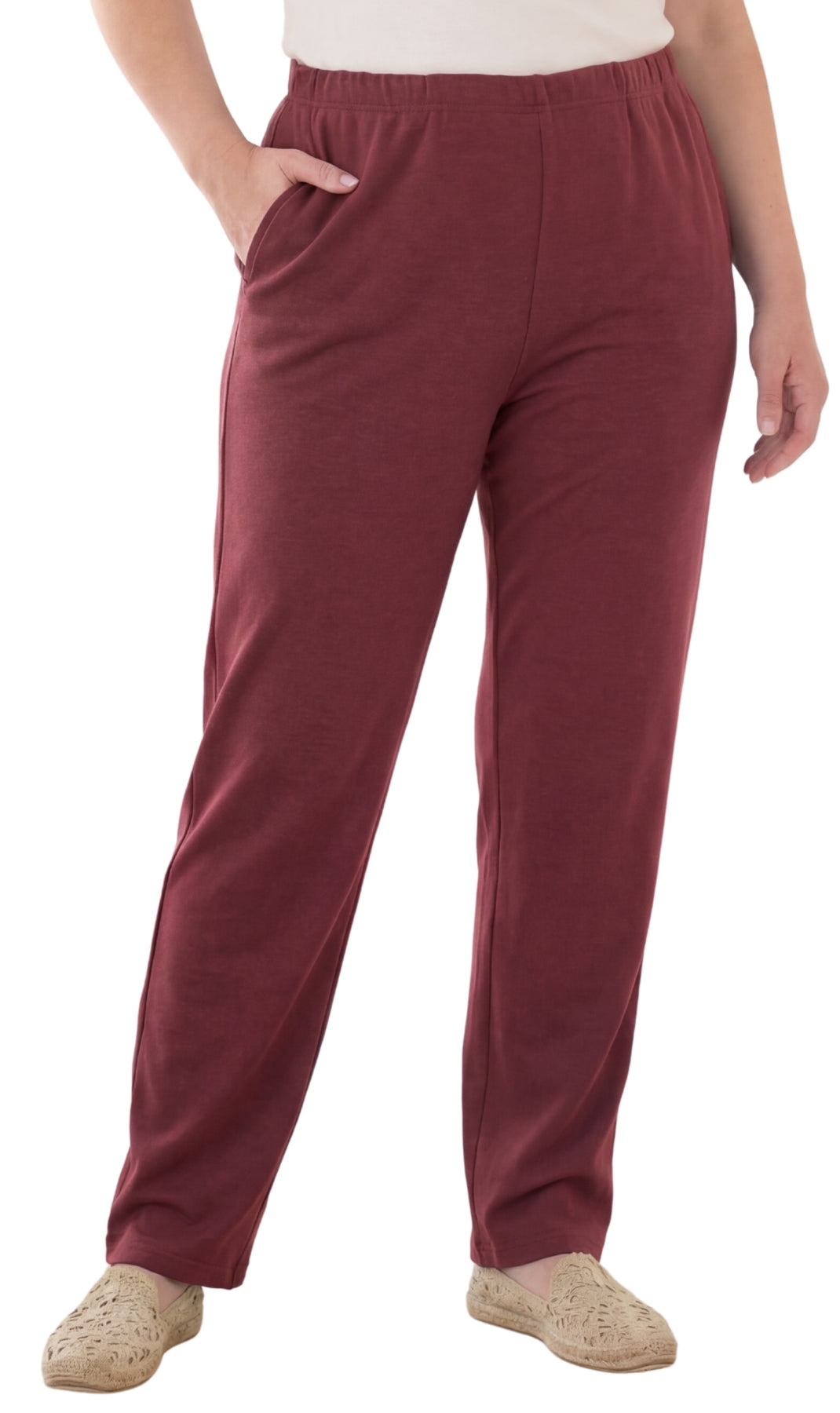 Women's Pull-On Flat Front Knit Pants — Cotton Blend Elastic Waist