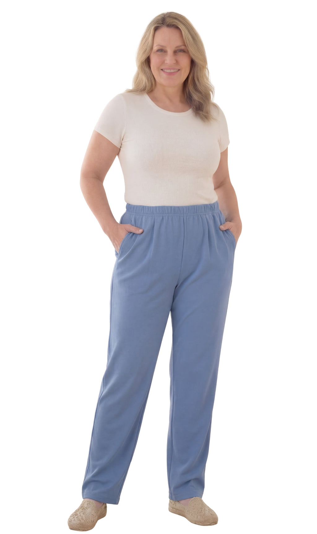 Women's Pull-On Flat Front Knit Pants — Cotton Blend Elastic Waist
