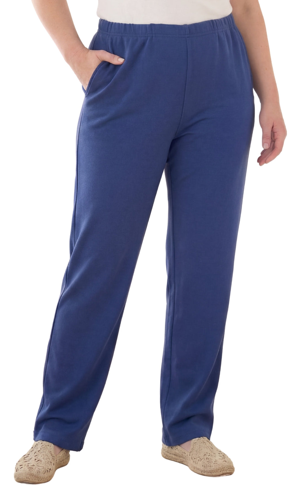 Women's Pull-On Flat Front Knit Pants — Cotton Blend Elastic Waist