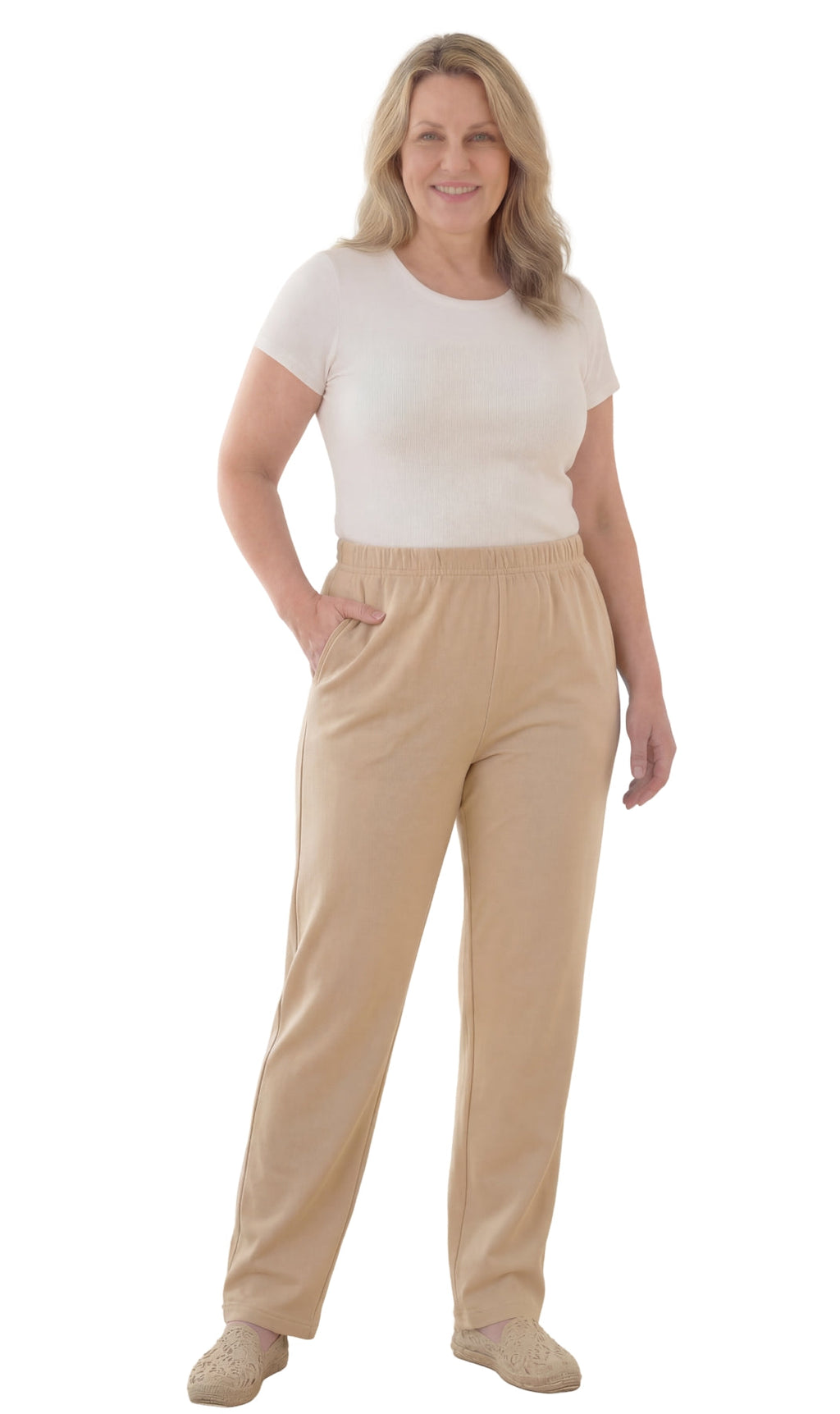 Women's Pull-On Flat Front Knit Pants — Cotton Blend Elastic Waist