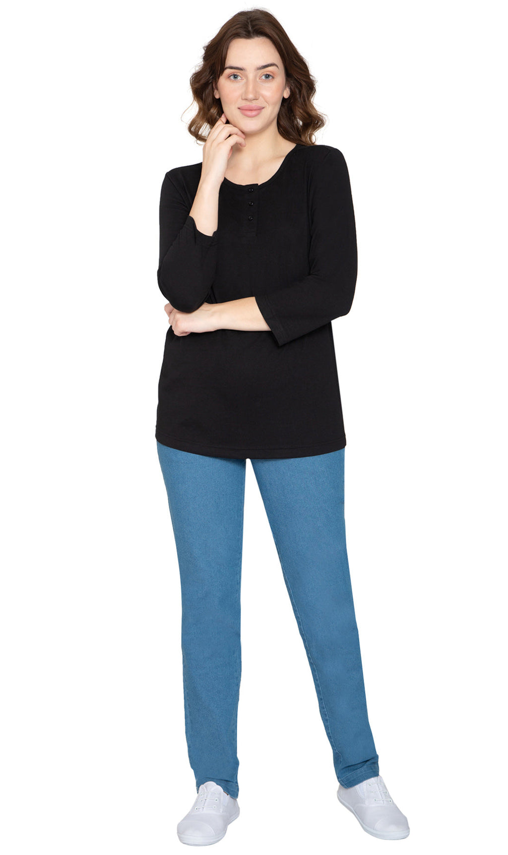 Women's 3/4 Sleeve Henley Top — Cotton Blend with Button Placket