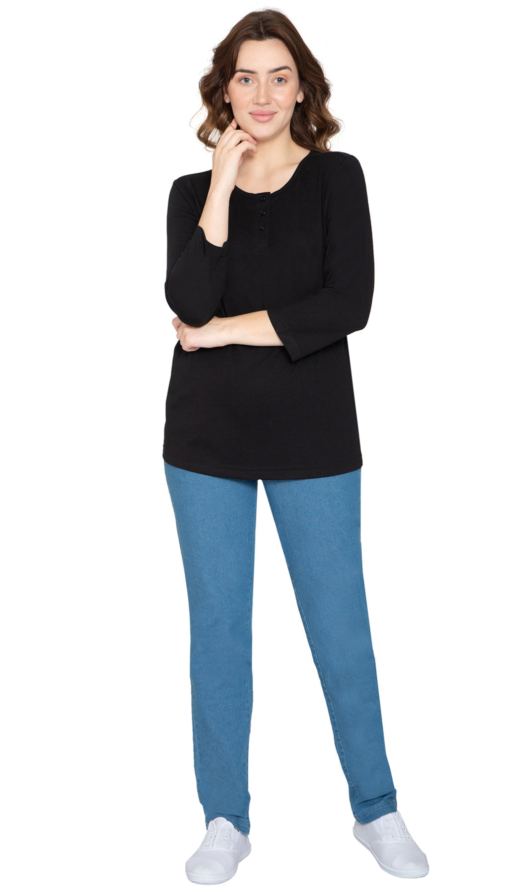 Women's 3/4 Sleeve Henley Top — Cotton Blend with Button Placket