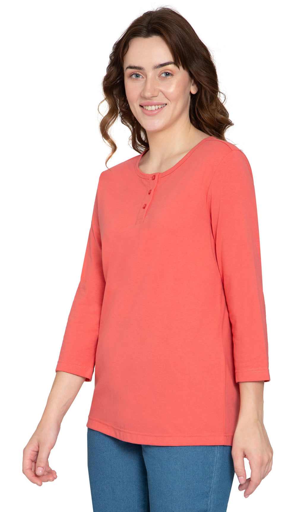 Women's 3/4 Sleeve Henley Top — Cotton Blend with Button Placket