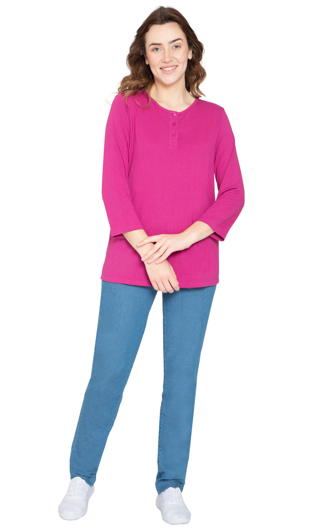 Women's 3/4 Sleeve Henley Top — Cotton Blend with Button Placket
