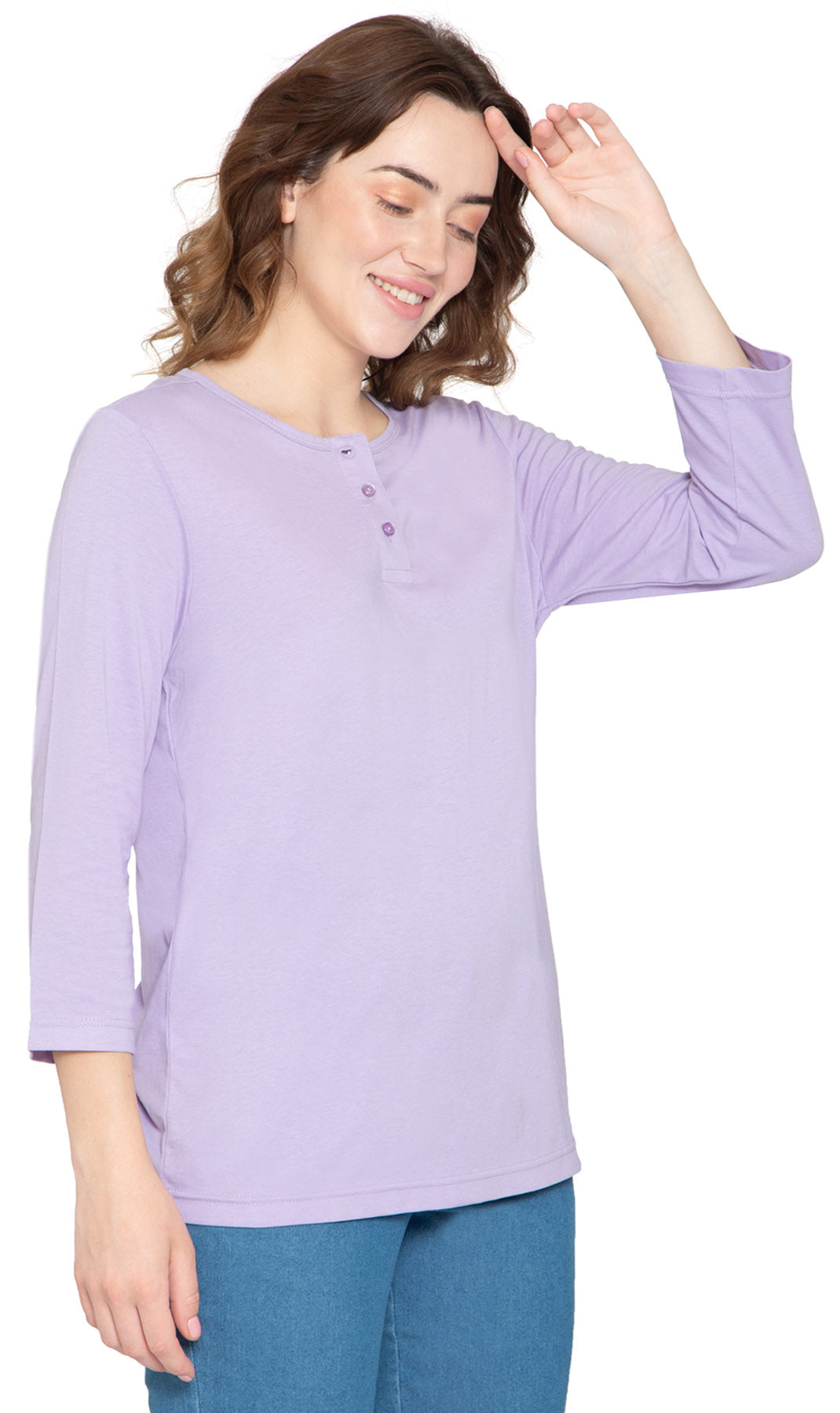 Women's 3/4 Sleeve Henley Top — Cotton Blend with Button Placket
