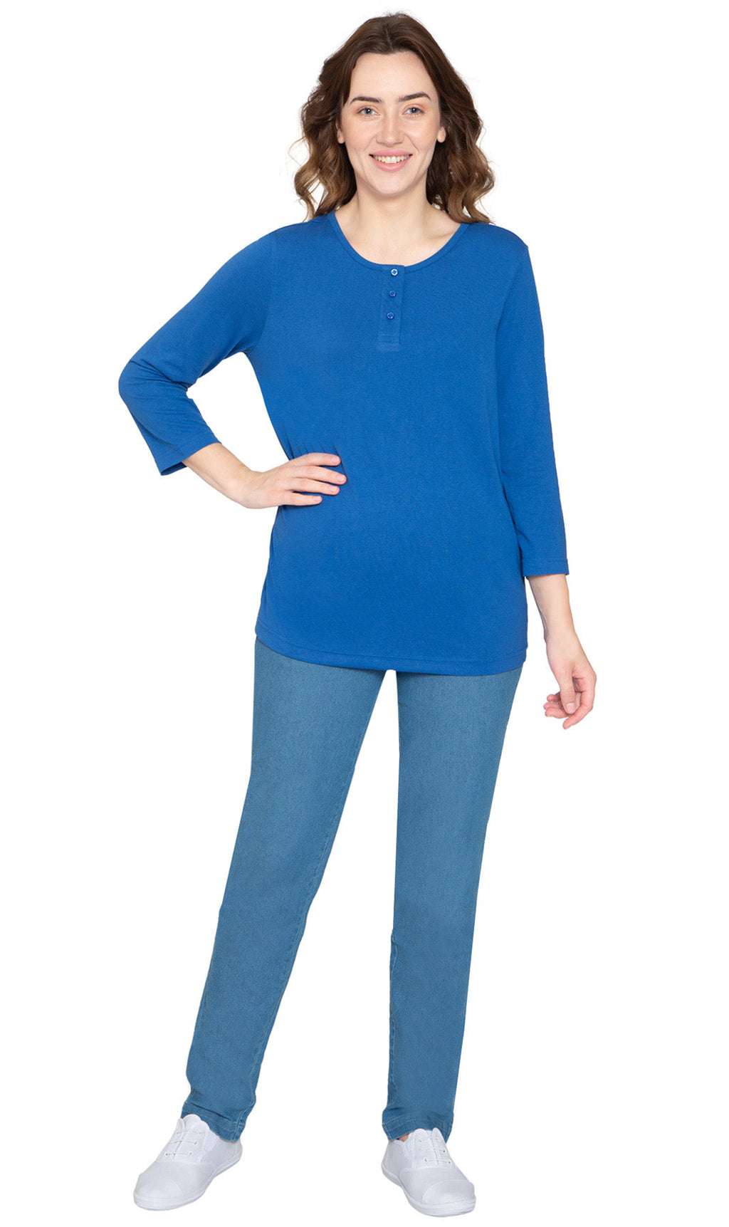 Women's 3/4 Sleeve Henley Top — Cotton Blend with Button Placket