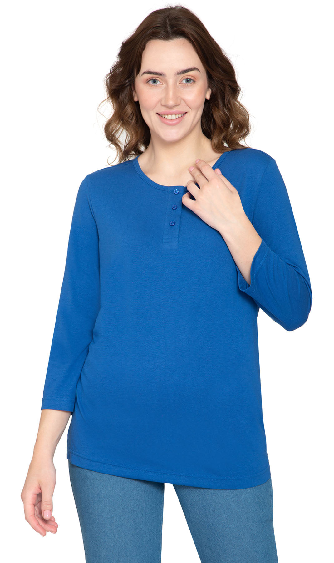 Women's 3/4 Sleeve Henley Top — Cotton Blend with Button Placket