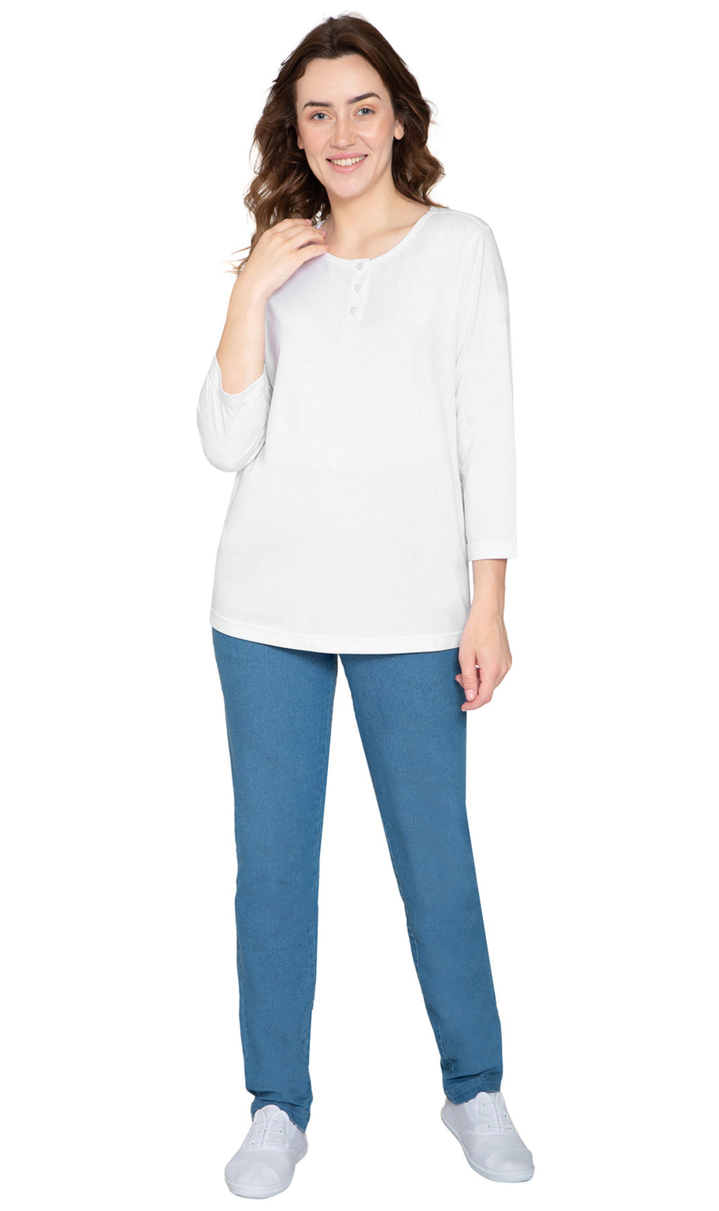 Women's 3/4 Sleeve Henley Top — Cotton Blend with Button Placket