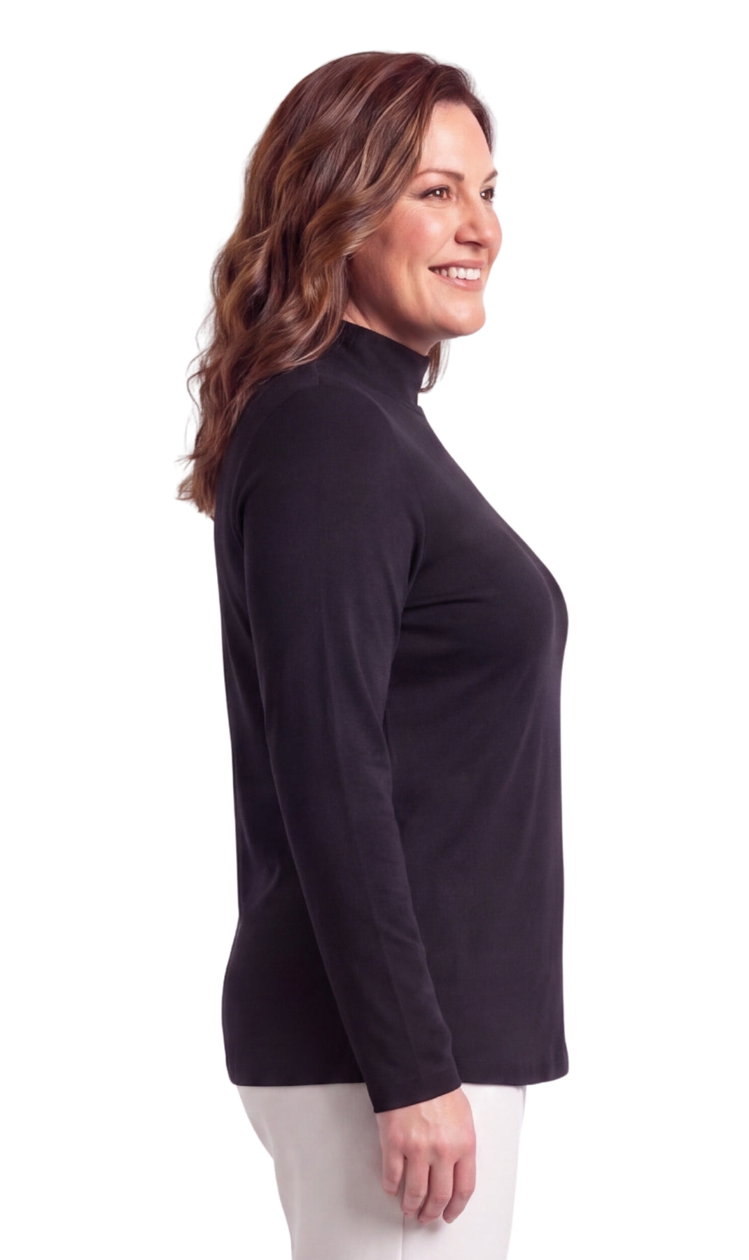 Women's Long Sleeve Mock Neck Top — Lightweight Cotton Blend