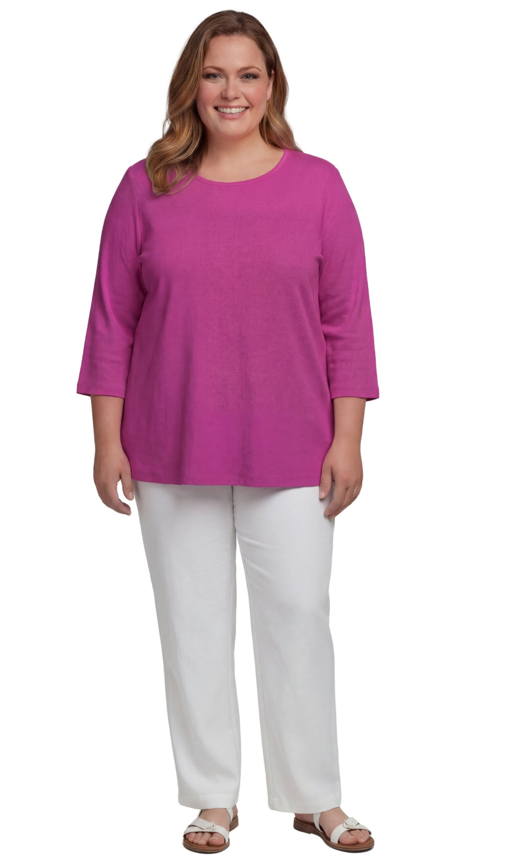 Women's 3/4 Sleeve Ribbed Crew Neck Cotton Top