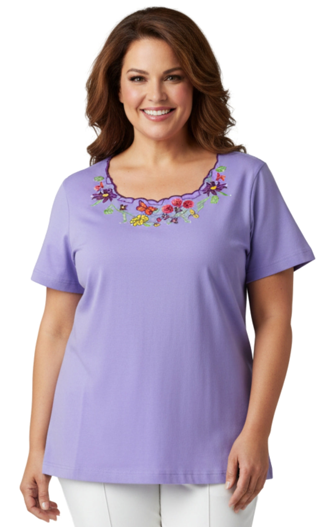Women's Scalloped Neckline Embellished Short Sleeve Tee