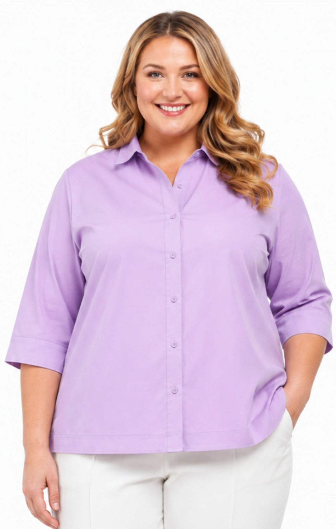 Women's 3/4 Sleeve Button-Down Camp Shirt — Collared Regular Fit