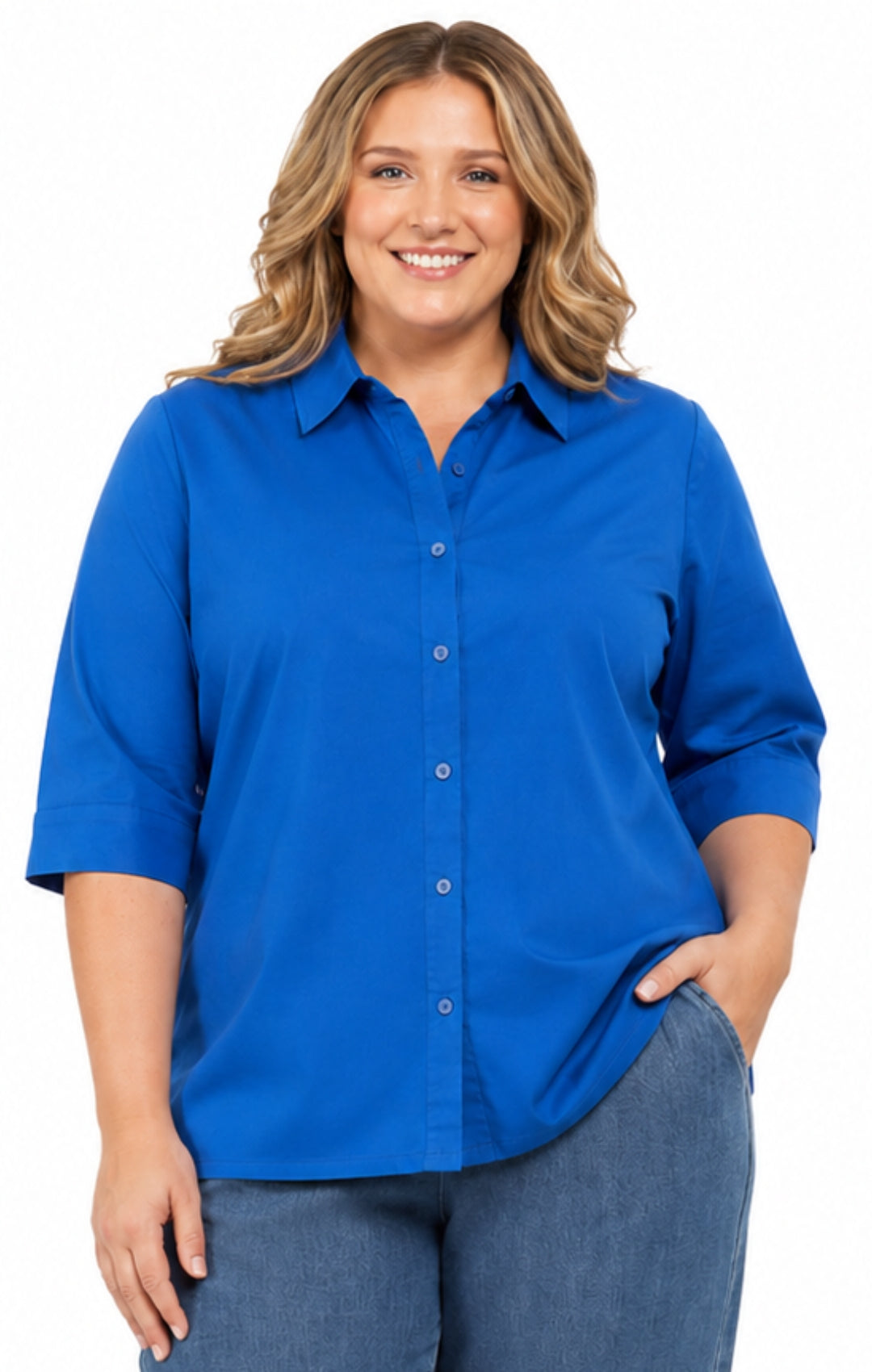 Women's 3/4 Sleeve Button-Down Camp Shirt — Collared Regular Fit
