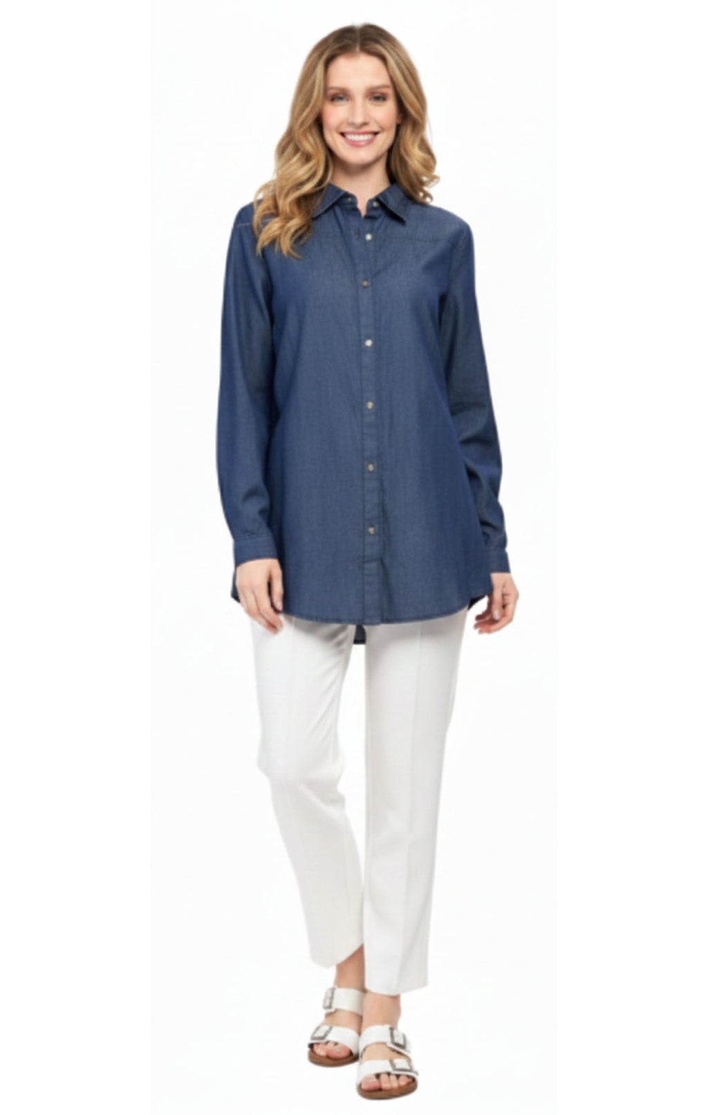 Women's Long Sleeve Denim Tunic Top — Button Front All Season Wear