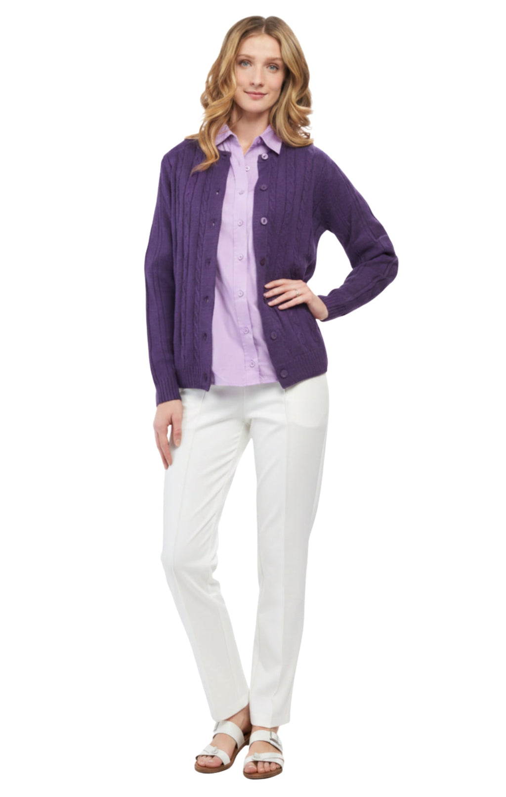 Women's Classic Button Front Cable Knit Cardigan — Soft Acrylic