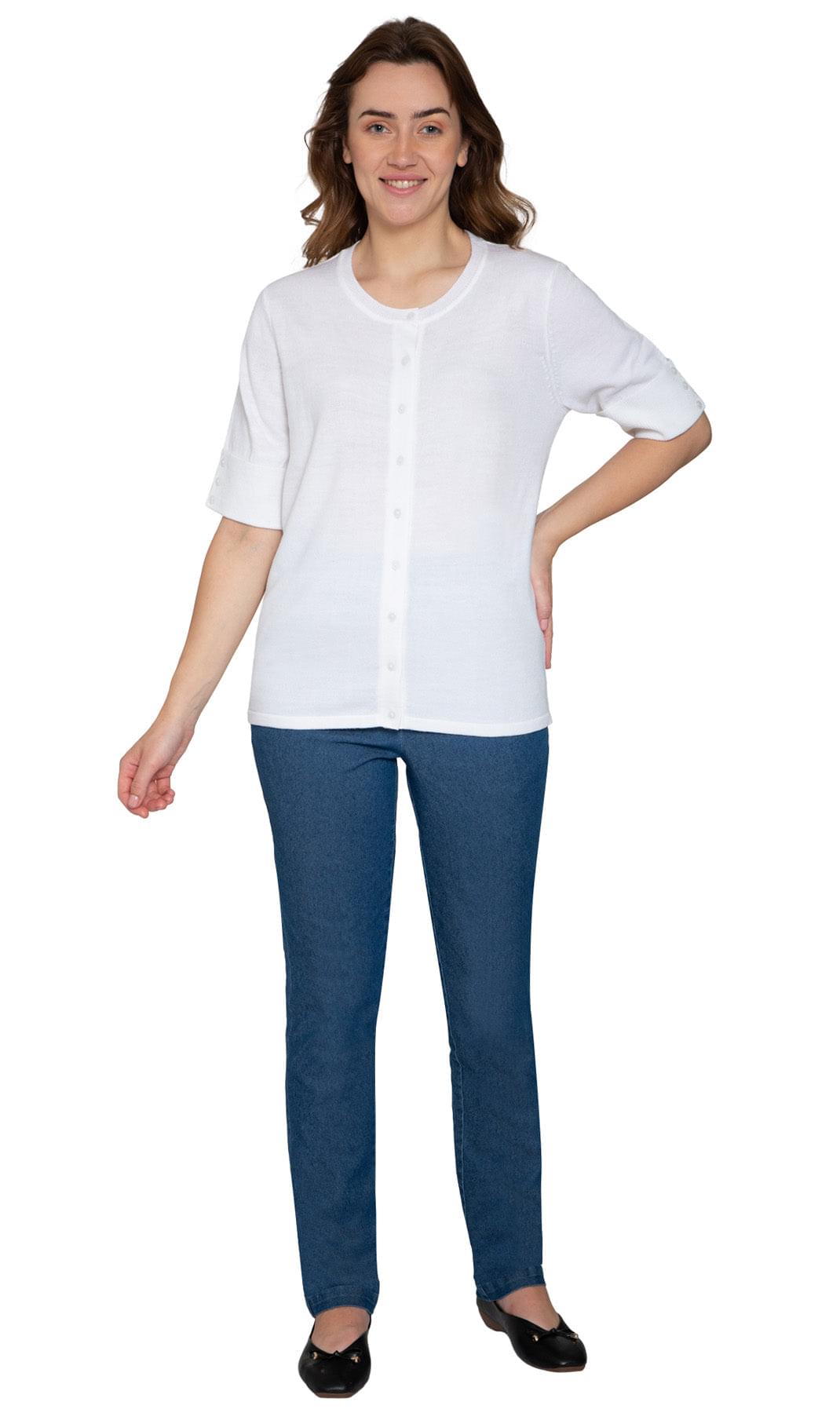 Women's Button Front Cardigan with Elbow Cuff Detail — Soft Knit