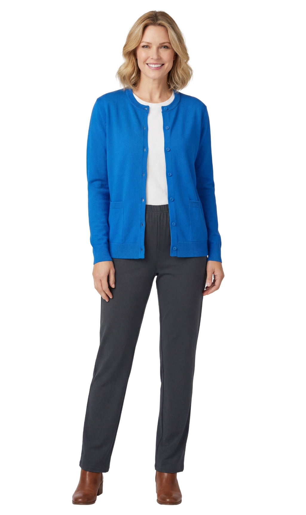 Women's Button Front Cardigan Crewneck Sweater with Pockets — Cotton Soft