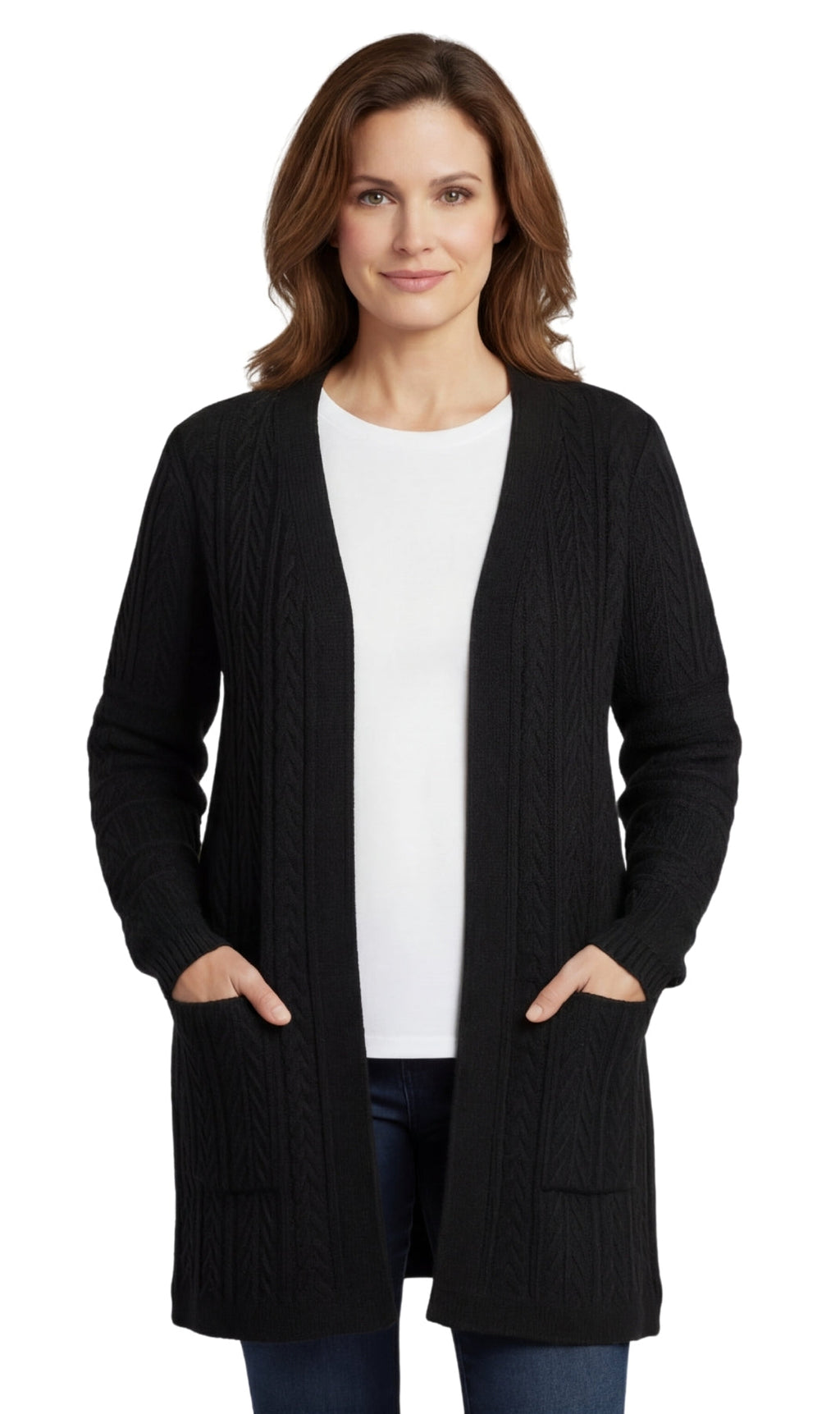 Women's Cable Knit Duster Cardigan with Pockets — Open Front Longline