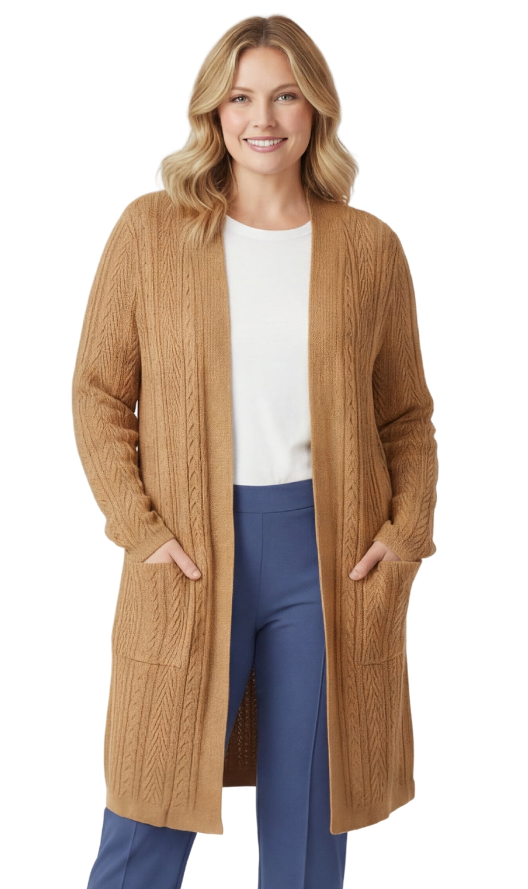 Women's Cable Knit Duster Cardigan with Pockets — Open Front Longline
