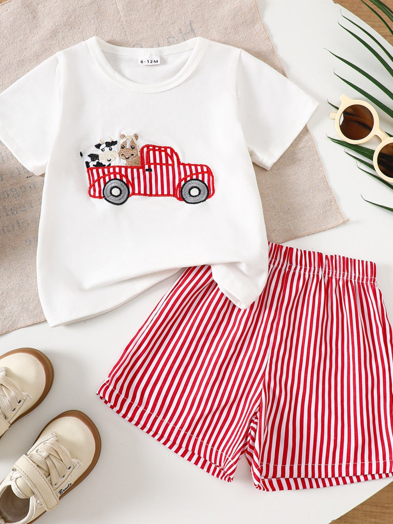 Children's Cartoon Tractor Embroidered Tee and Shorts Set