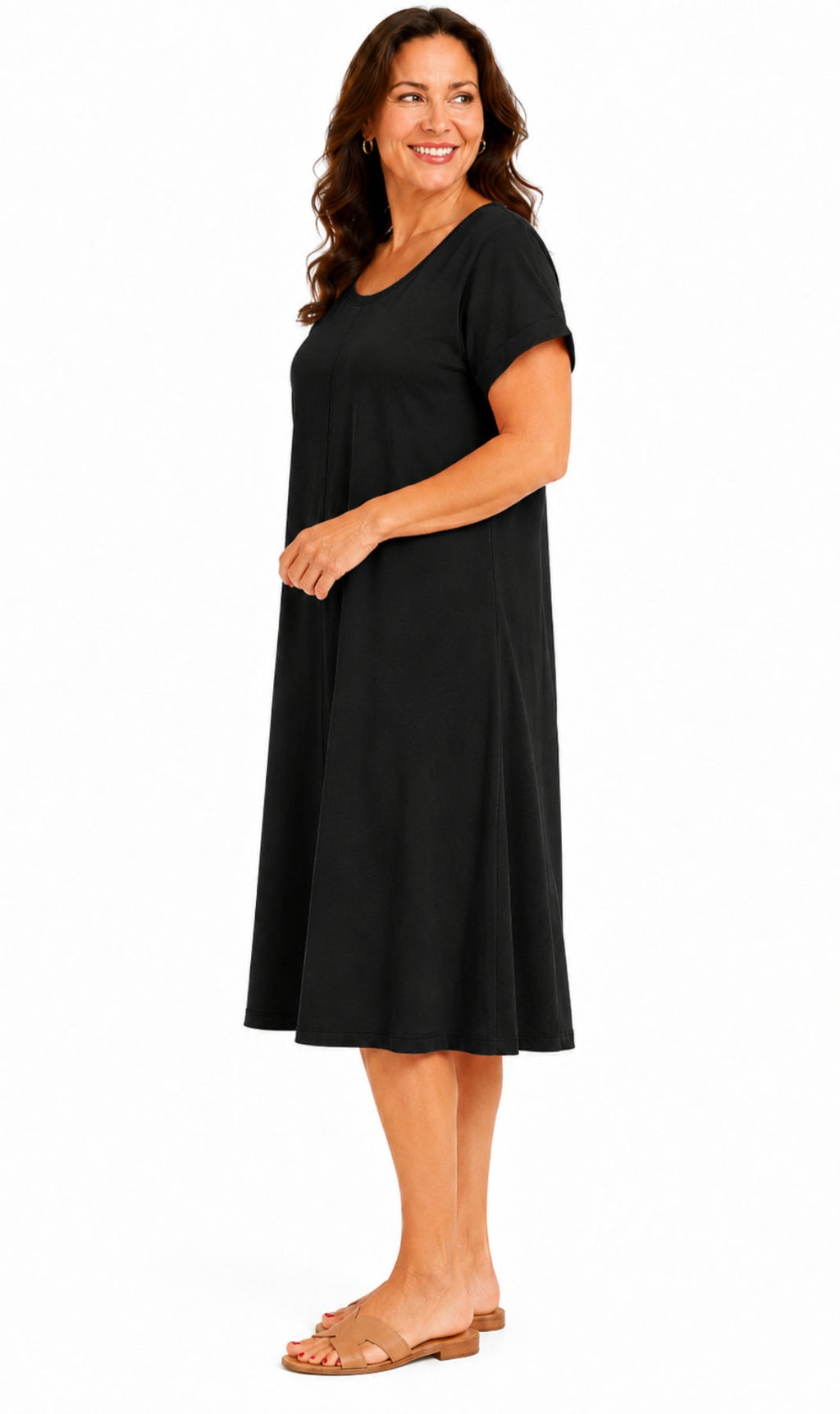 Women's Short Sleeve A-Line Knit Dress — Scoop Neck Asymmetrical Hem