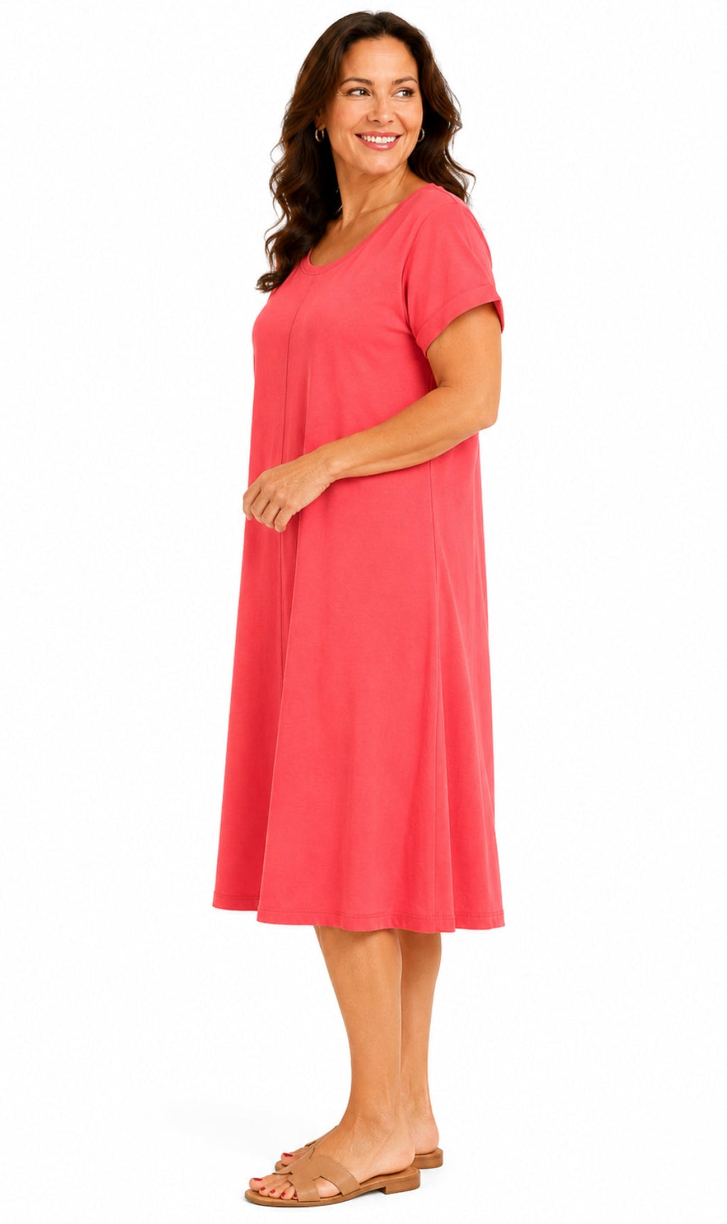 Women's Short Sleeve A-Line Knit Dress — Scoop Neck Asymmetrical Hem