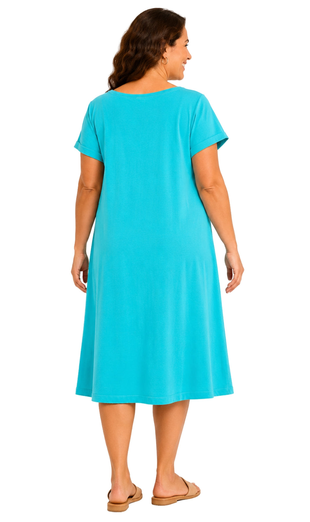 Women's Short Sleeve A-Line Knit Dress — Scoop Neck Asymmetrical Hem