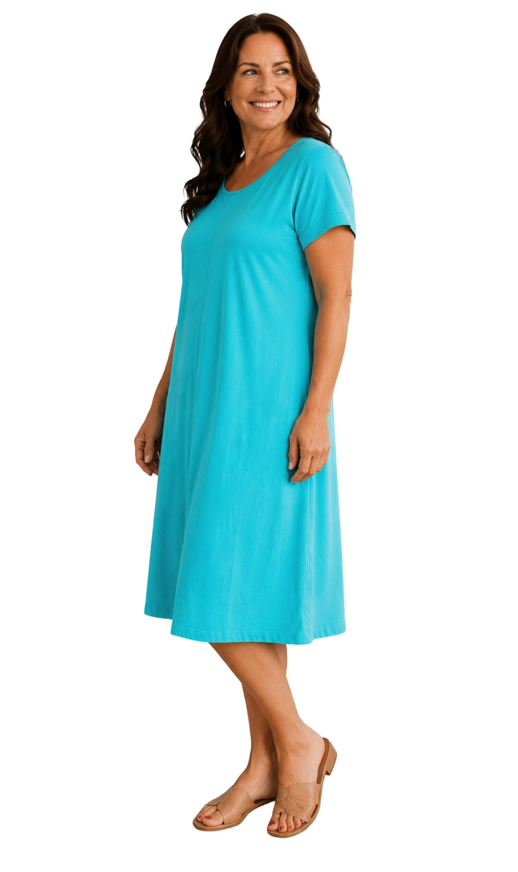 Women's Short Sleeve A-Line Knit Dress — Scoop Neck Asymmetrical Hem