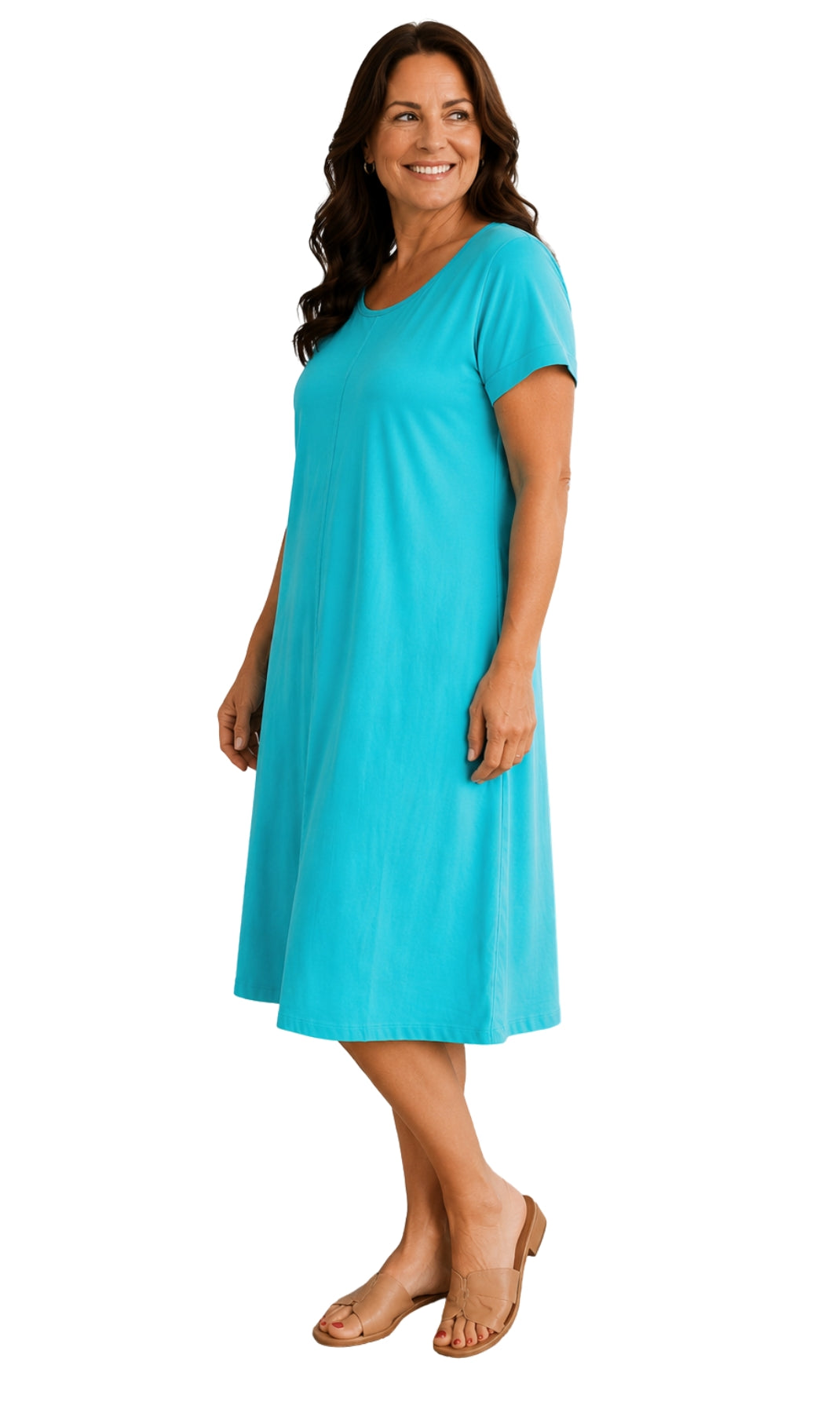 Women's Short Sleeve A-Line Knit Dress — Scoop Neck Asymmetrical Hem