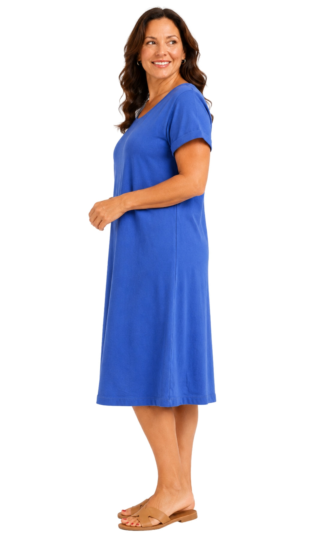 Women's Short Sleeve A-Line Knit Dress — Scoop Neck Asymmetrical Hem