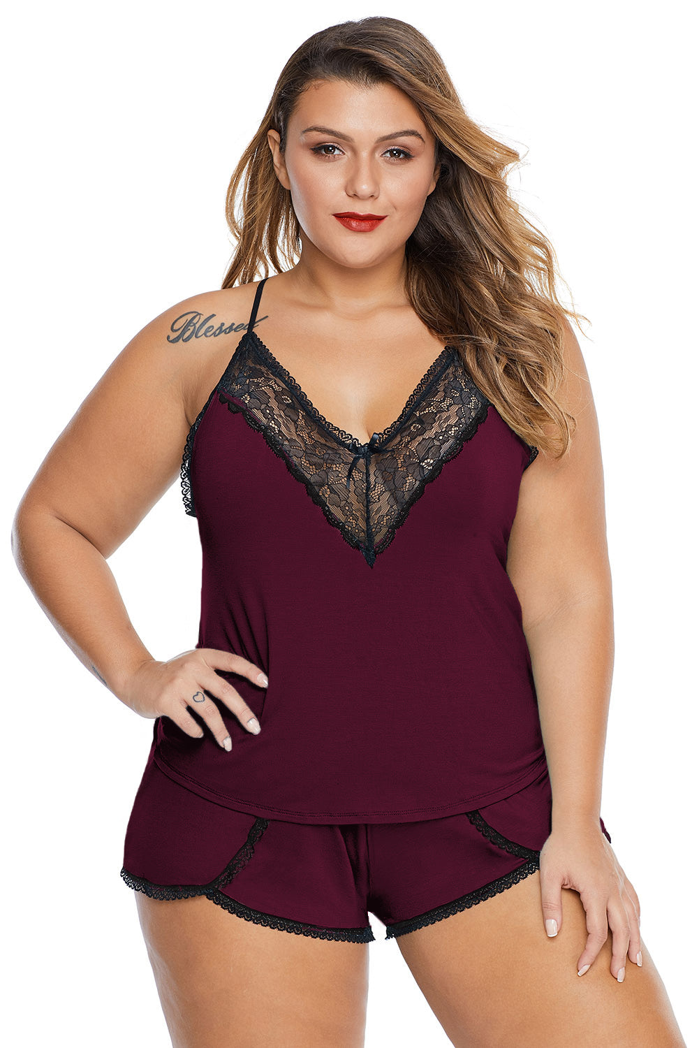Wine Plus Size Pajamas Cami Shorts Set