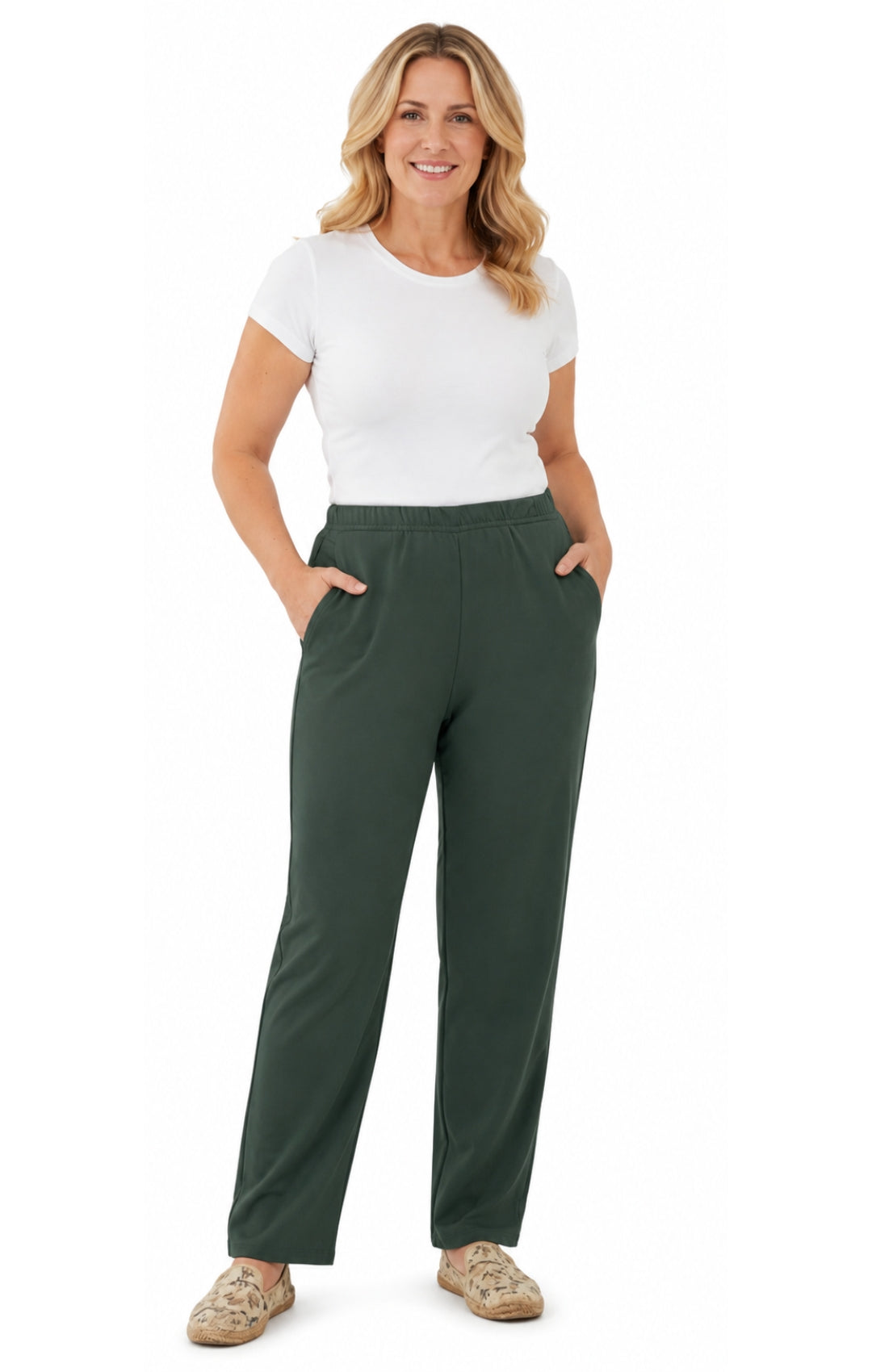 Women's Pull-On Flat Front Knit Pants — Cotton Blend Elastic Waist