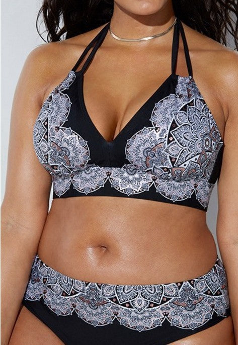 Retro Printed Bikini With Back Straps Plus Size