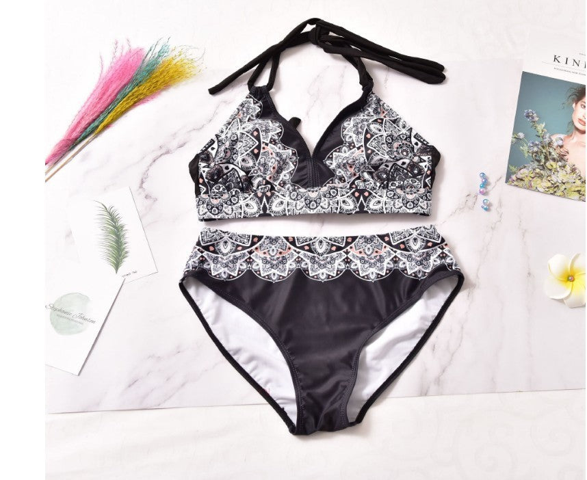 Retro Printed Bikini With Back Straps Plus Size