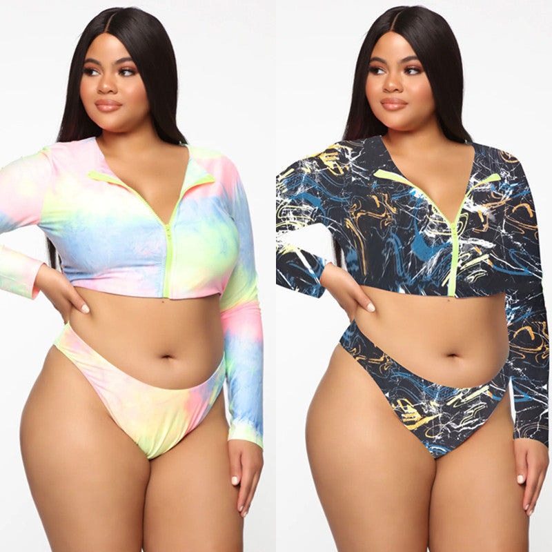 Plus Size Long Sleeve Zipper Colorful Bikini Swimsuit
