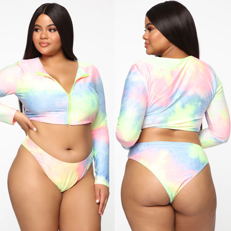 Plus Size Long Sleeve Zipper Colorful Bikini Swimsuit