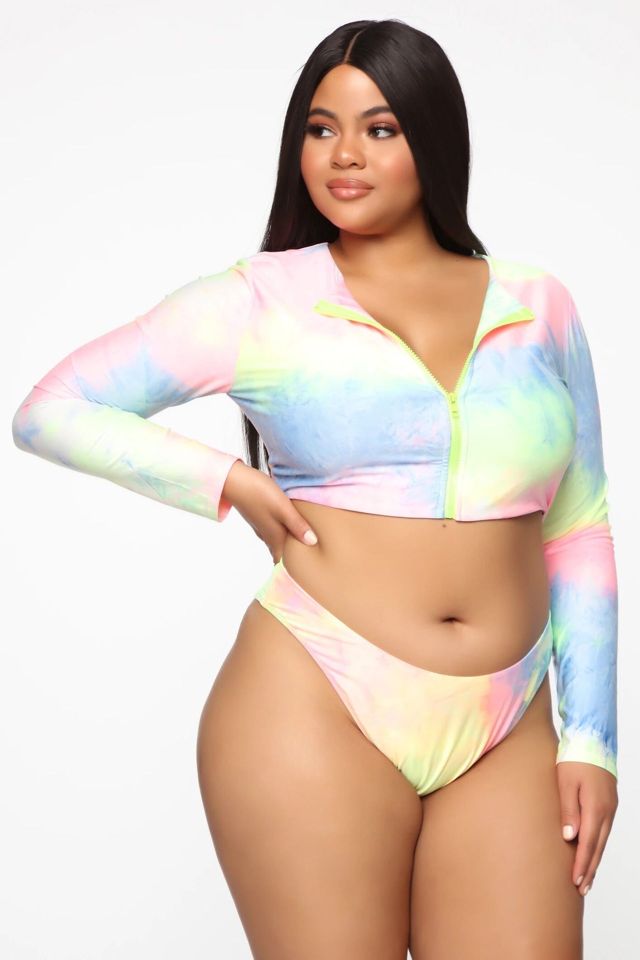 Plus Size Long Sleeve Zipper Colorful Bikini Swimsuit