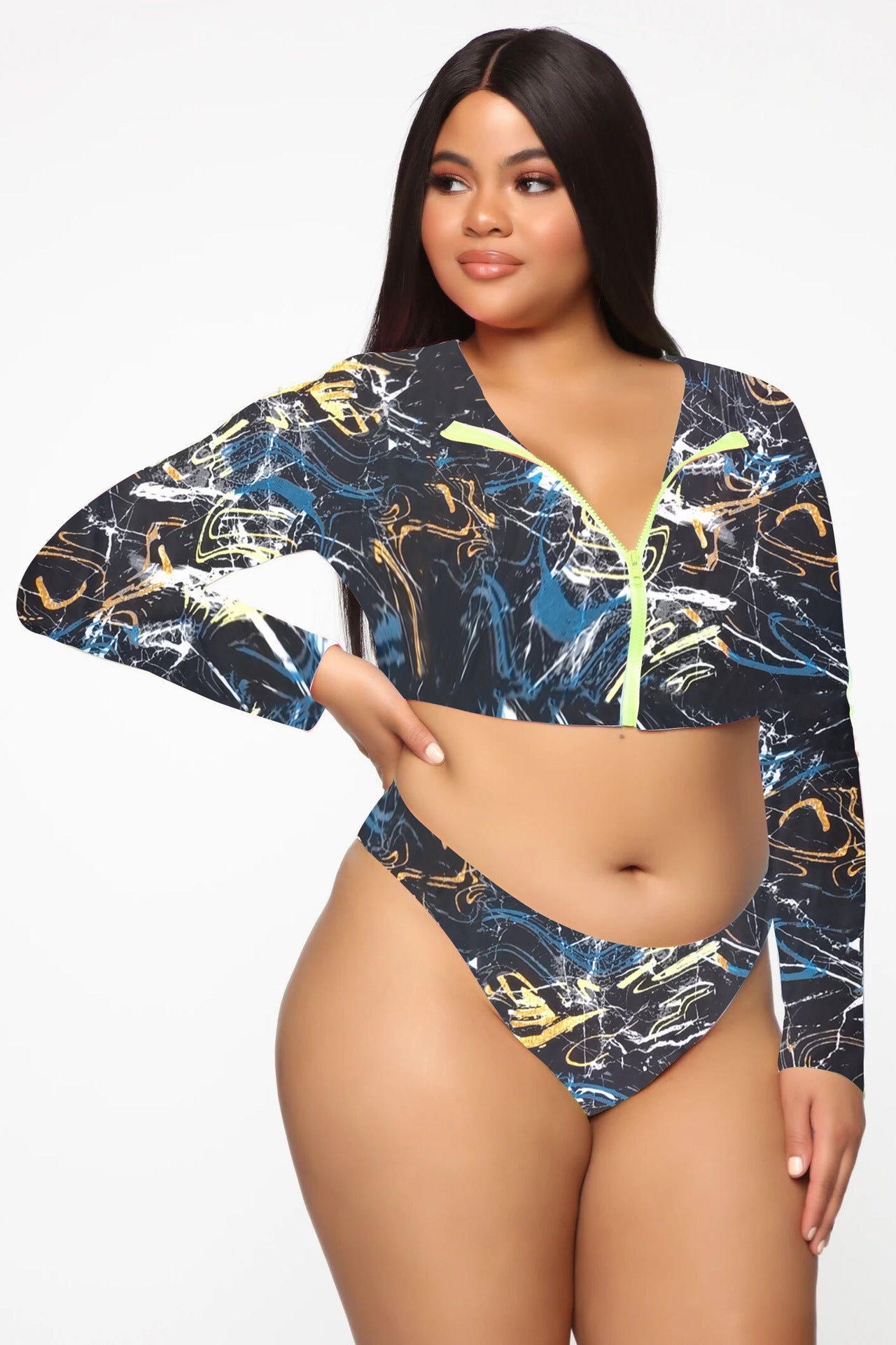 Plus Size Long Sleeve Zipper Colorful Bikini Swimsuit