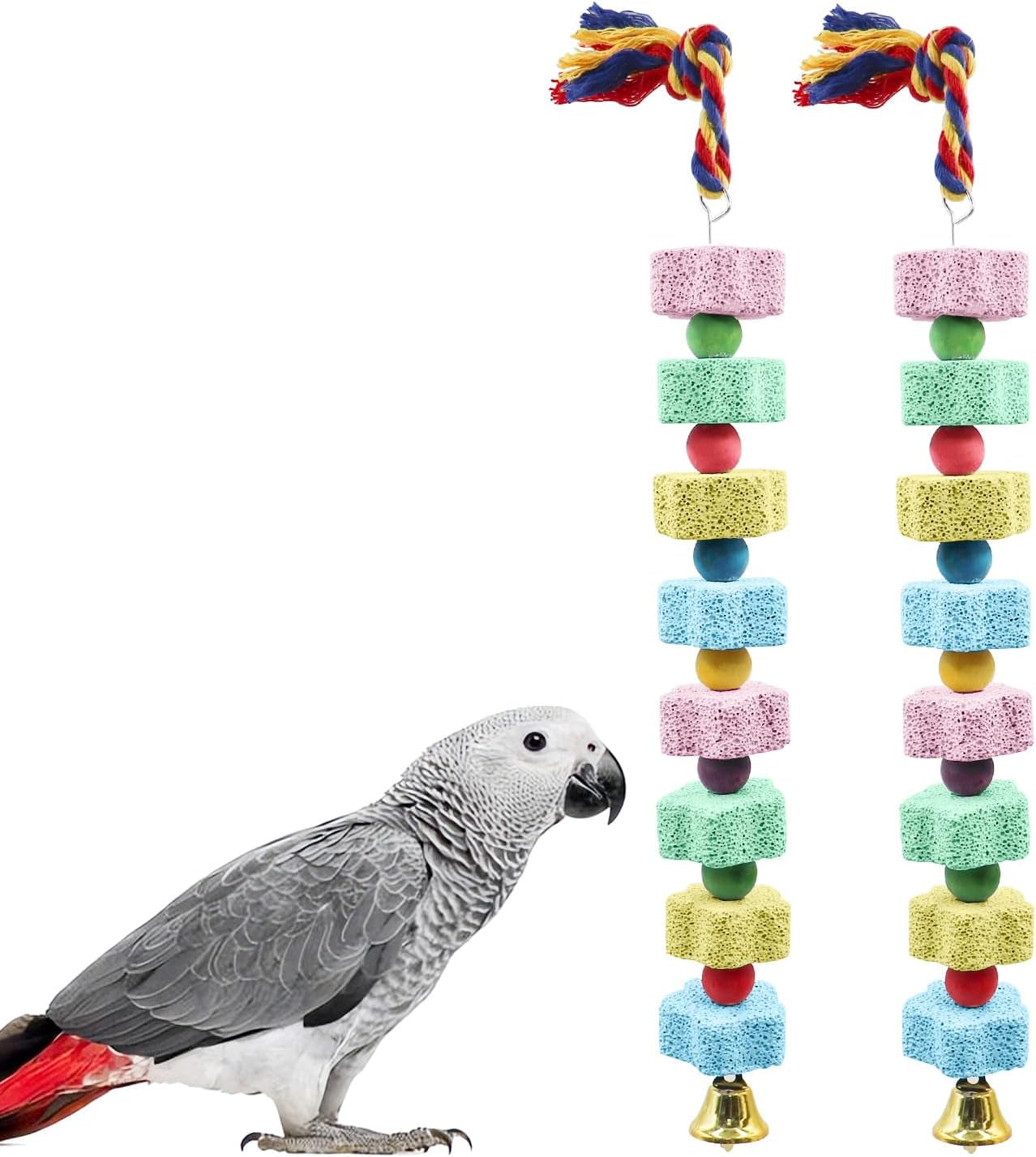 2 Pack Parrot Chew Toy Calcium Block Bird Beak Grinding Bell Cage Toy