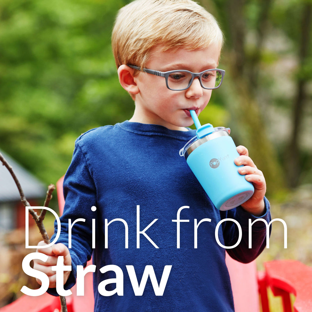 PopYum 9oz Insulated Stainless Steel Kids’ Cups with Lid and Straw, 2-Pack, Orange & Blue, stackable, sippy, baby, child, toddler, tumbler