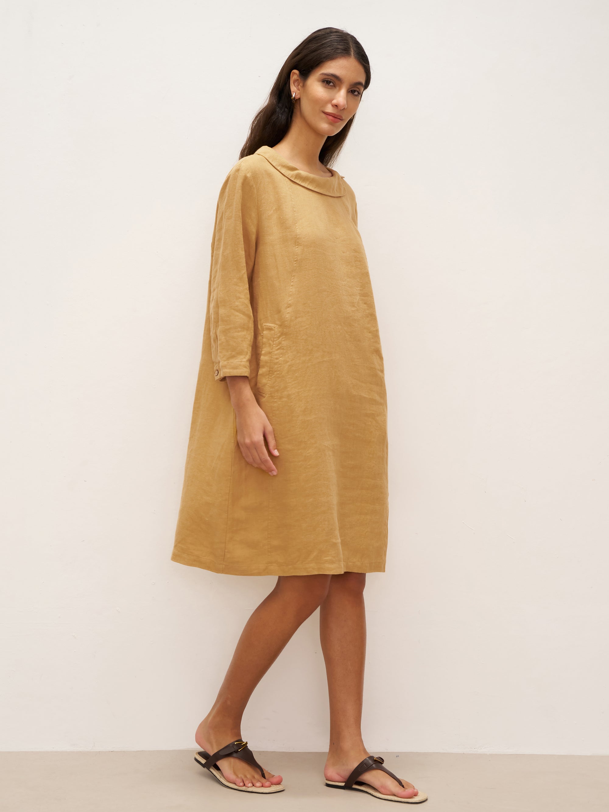 100% Linen Round Soft-Fold Collar Midi Dress DORALEE