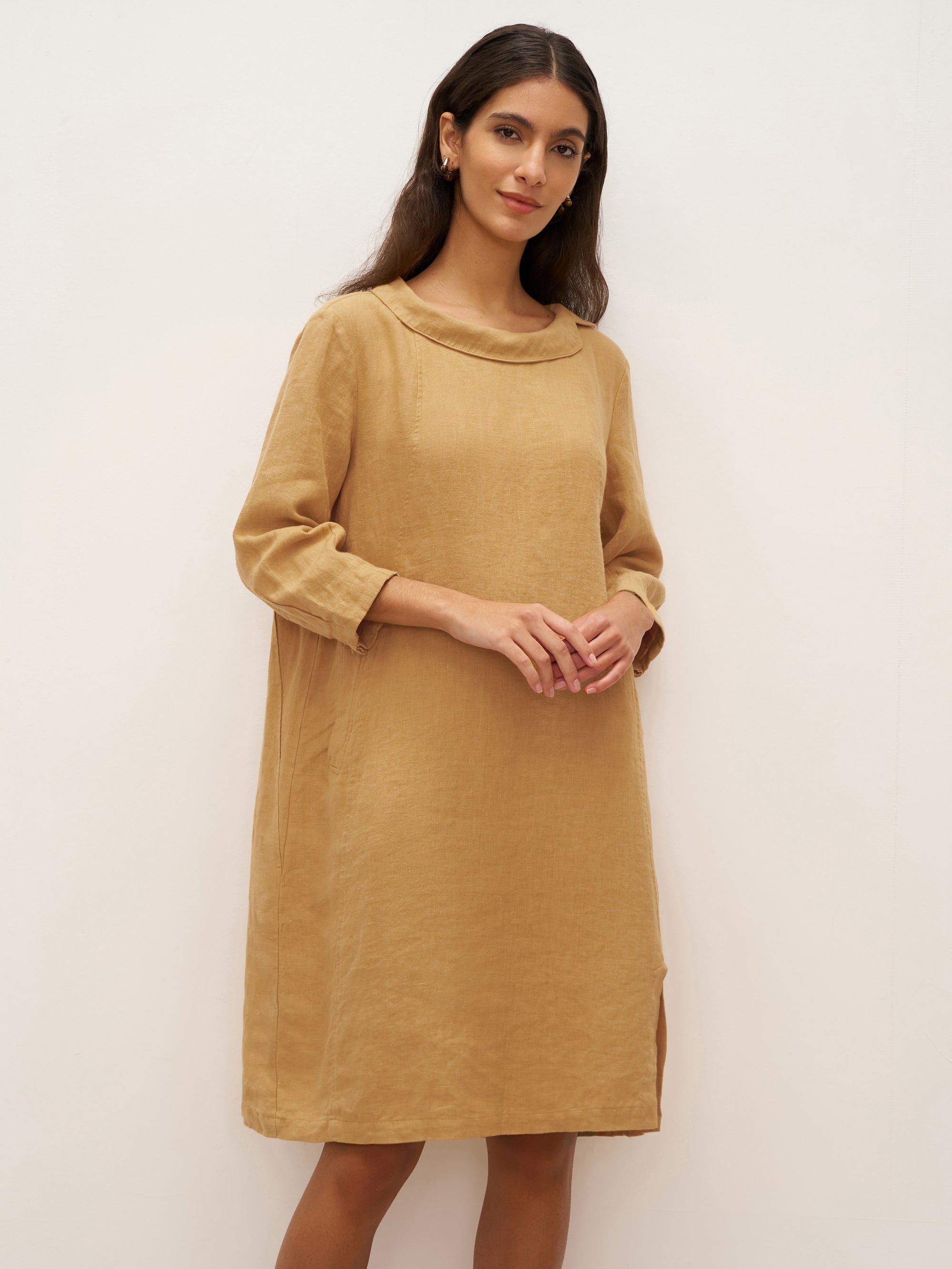 100% Linen Round Soft-Fold Collar Midi Dress DORALEE