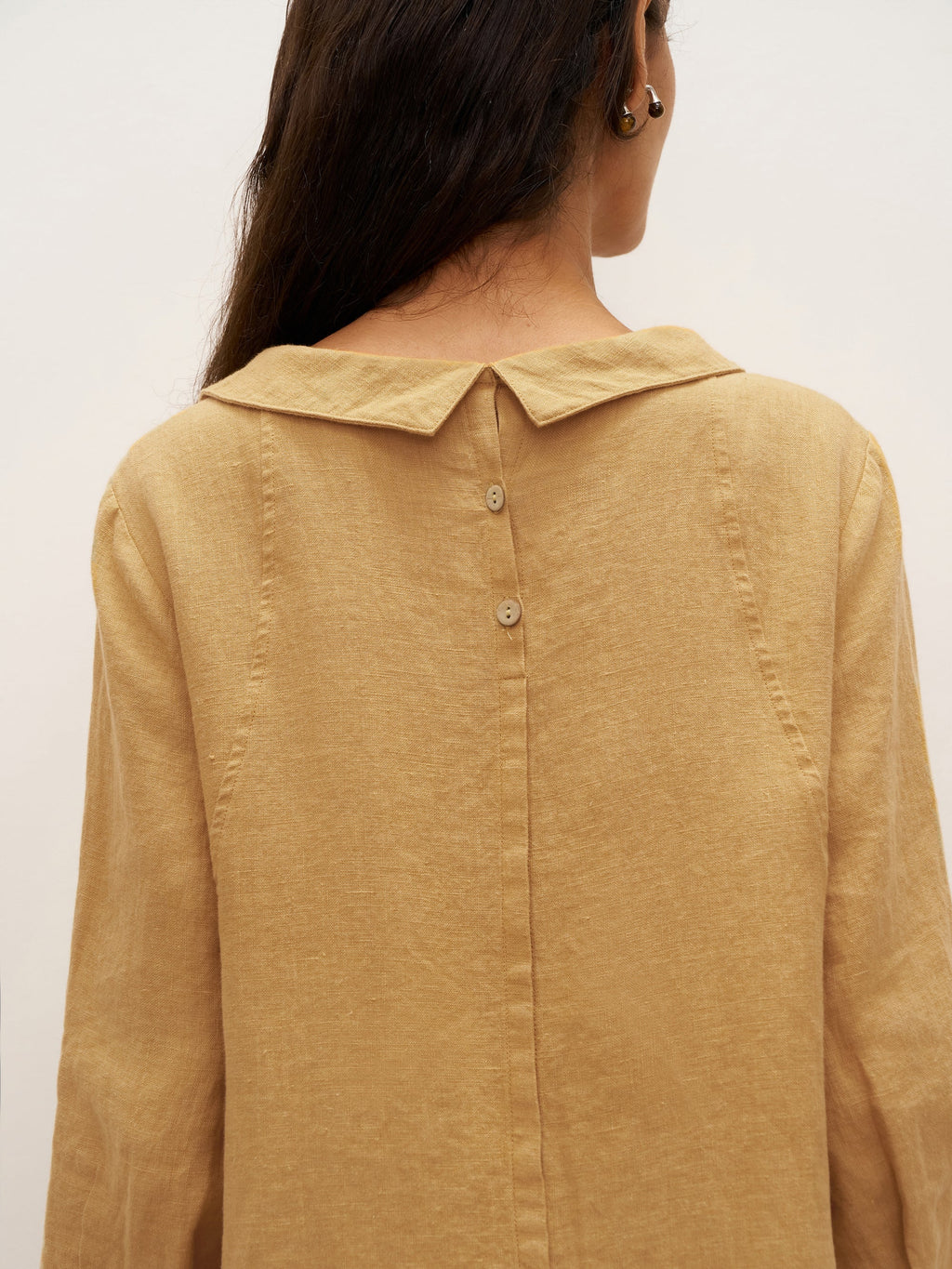 100% Linen Round Soft-Fold Collar Midi Dress DORALEE